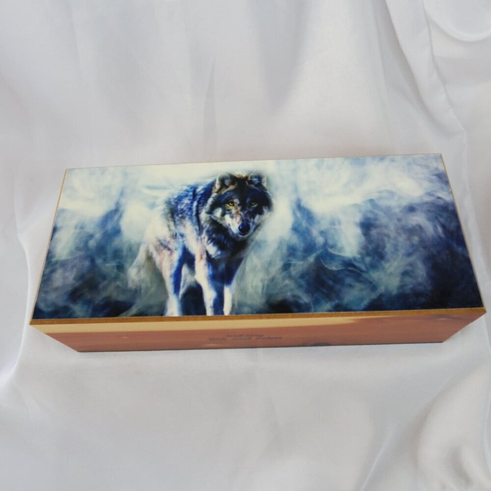 VTG Decorative Wolf Cedar Wood Jewelry Box 9.25"x4"x2.5"  Wall Drug South Dakota